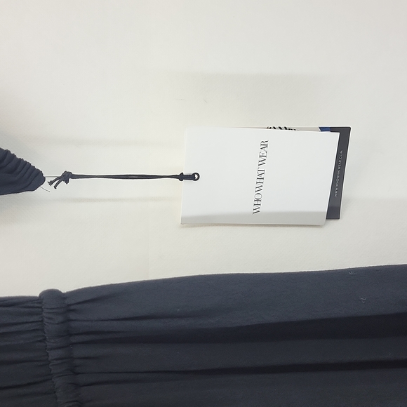 WHO WHAT WEAR Black Bardot Boho Rayon Drawstring Waist Side Slit Long Midi Dress - Picture 2 of 13